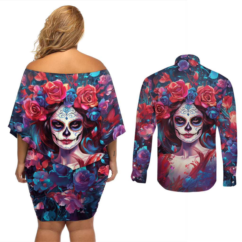 Day of Dead Lady Couples Matching Off Shoulder Short Dress and Long Sleeve Button Shirt Sugar Skull Field Rose Lady - Wonder Print Shop