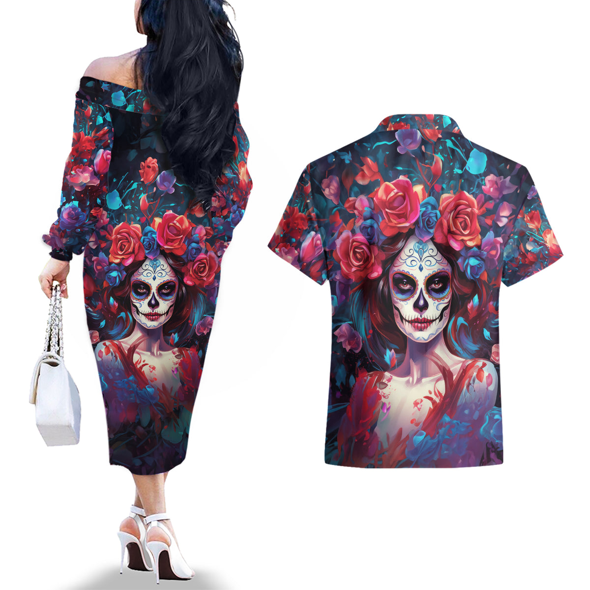 Day of Dead Lady Couples Matching Off The Shoulder Long Sleeve Dress and Hawaiian Shirt Sugar Skull Field Rose Lady - Wonder Print Shop