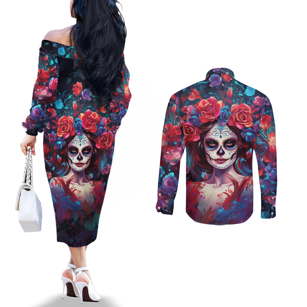 day-of-dead-lady-couples-matching-off-the-shoulder-long-sleeve-dress-and-long-sleeve-button-shirt-sugar-skull-field-rose-lady