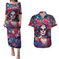 Day of Dead Lady Couples Matching Puletasi Dress and Hawaiian Shirt Sugar Skull Field Rose Lady - Wonder Print Shop