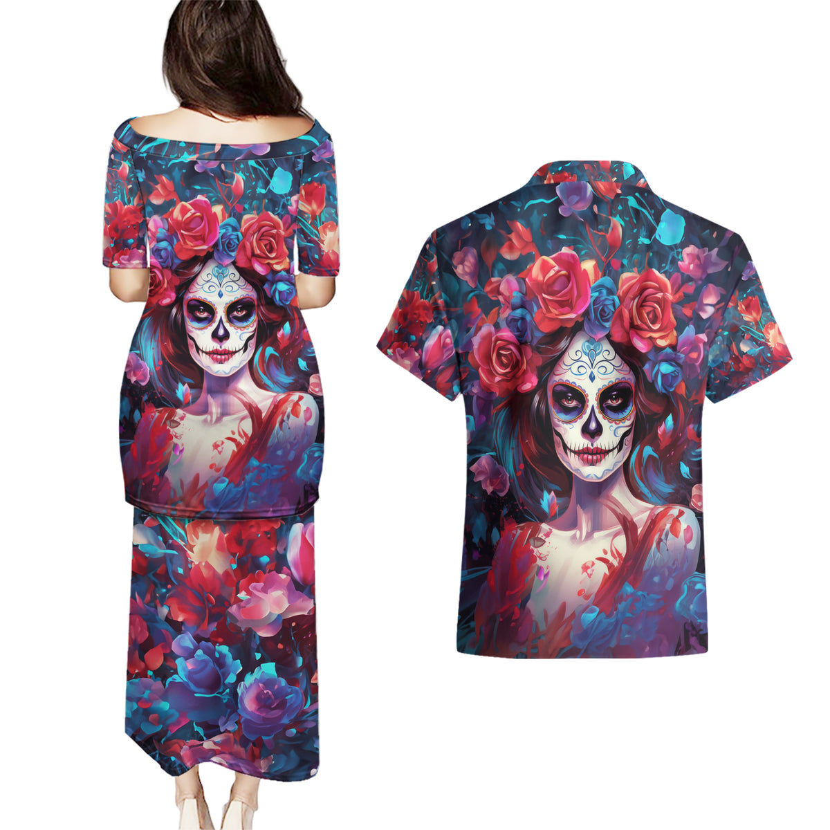 Day of Dead Lady Couples Matching Puletasi Dress and Hawaiian Shirt Sugar Skull Field Rose Lady - Wonder Print Shop