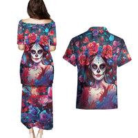 Day of Dead Lady Couples Matching Puletasi Dress and Hawaiian Shirt Sugar Skull Field Rose Lady - Wonder Print Shop