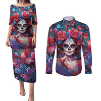 Day of Dead Lady Couples Matching Puletasi Dress and Long Sleeve Button Shirt Sugar Skull Field Rose Lady - Wonder Print Shop