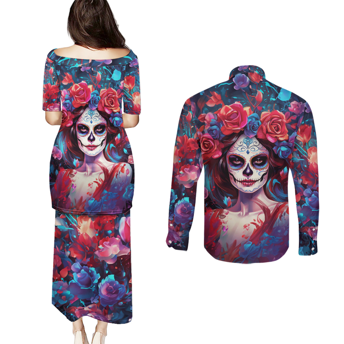 Day of Dead Lady Couples Matching Puletasi Dress and Long Sleeve Button Shirt Sugar Skull Field Rose Lady - Wonder Print Shop