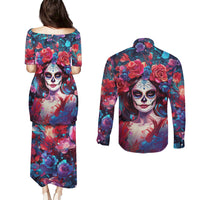Day of Dead Lady Couples Matching Puletasi Dress and Long Sleeve Button Shirt Sugar Skull Field Rose Lady - Wonder Print Shop