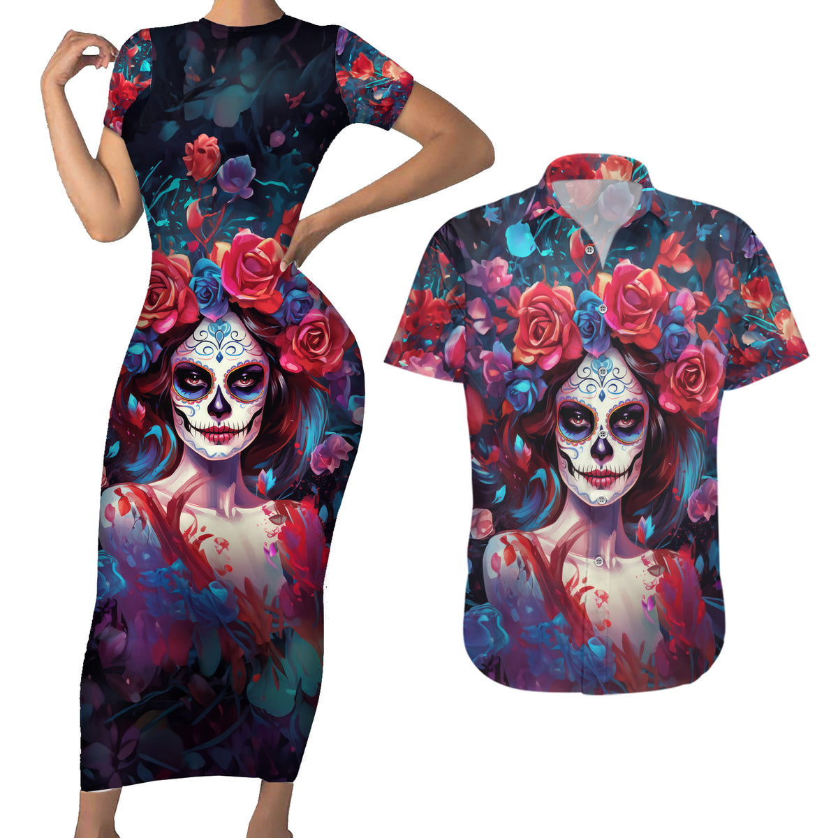 Day of Dead Lady Couples Matching Short Sleeve Bodycon Dress and Hawaiian Shirt Sugar Skull Field Rose Lady - Wonder Print Shop