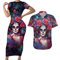 Day of Dead Lady Couples Matching Short Sleeve Bodycon Dress and Hawaiian Shirt Sugar Skull Field Rose Lady - Wonder Print Shop