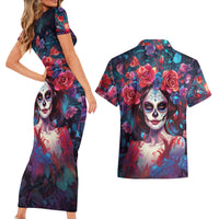 Day of Dead Lady Couples Matching Short Sleeve Bodycon Dress and Hawaiian Shirt Sugar Skull Field Rose Lady - Wonder Print Shop