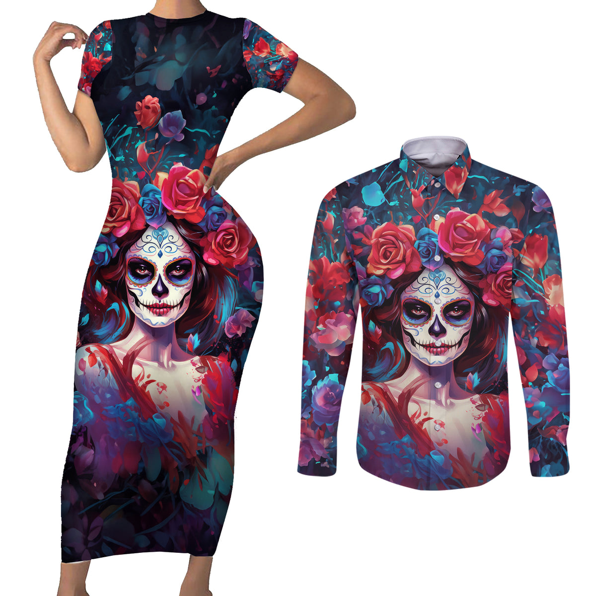 Day of Dead Lady Couples Matching Short Sleeve Bodycon Dress and Long Sleeve Button Shirt Sugar Skull Field Rose Lady - Wonder Print Shop