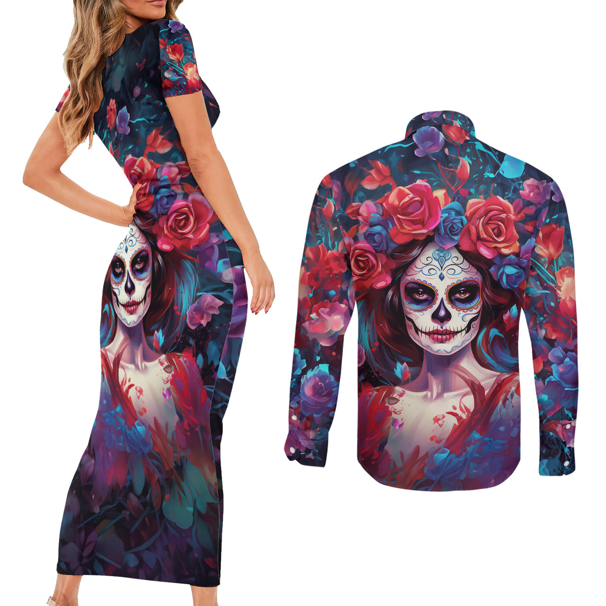 Day of Dead Lady Couples Matching Short Sleeve Bodycon Dress and Long Sleeve Button Shirt Sugar Skull Field Rose Lady - Wonder Print Shop