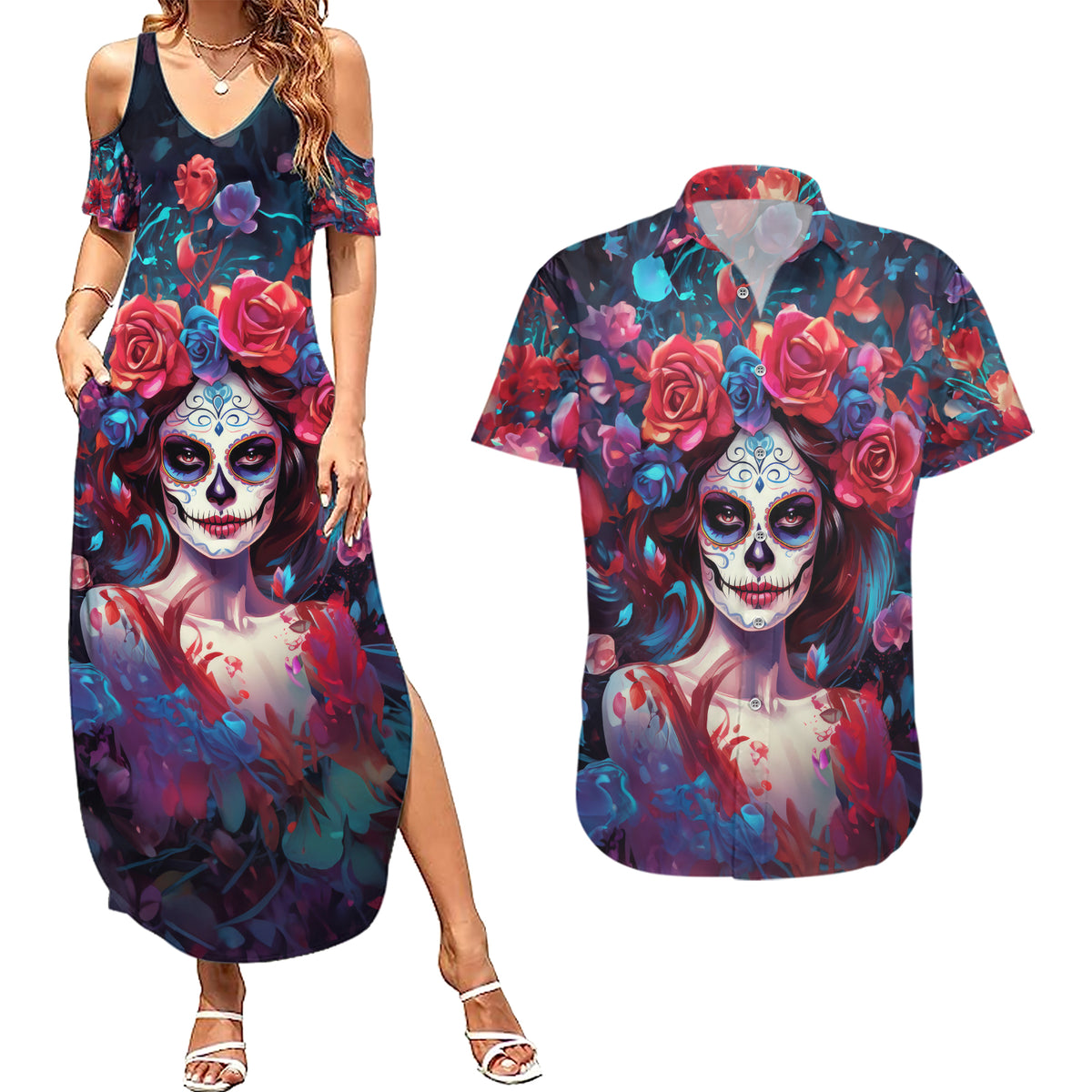 Day of Dead Lady Couples Matching Summer Maxi Dress and Hawaiian Shirt Sugar Skull Field Rose Lady - Wonder Print Shop