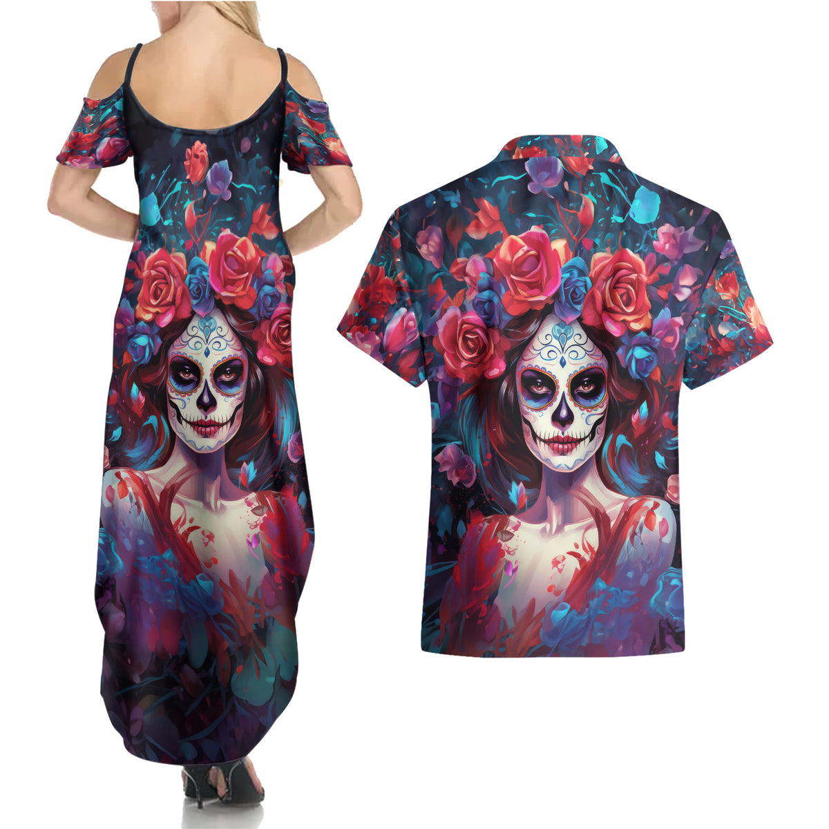 Day of Dead Lady Couples Matching Summer Maxi Dress and Hawaiian Shirt Sugar Skull Field Rose Lady - Wonder Print Shop