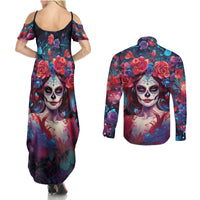 Day of Dead Lady Couples Matching Summer Maxi Dress and Long Sleeve Button Shirt Sugar Skull Field Rose Lady - Wonder Print Shop