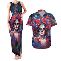 Day of Dead Lady Couples Matching Tank Maxi Dress and Hawaiian Shirt Sugar Skull Field Rose Lady - Wonder Print Shop