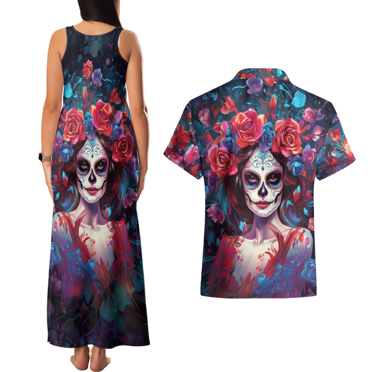 Day of Dead Lady Couples Matching Tank Maxi Dress and Hawaiian Shirt Sugar Skull Field Rose Lady - Wonder Print Shop