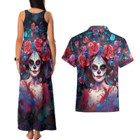 Day of Dead Lady Couples Matching Tank Maxi Dress and Hawaiian Shirt Sugar Skull Field Rose Lady - Wonder Print Shop