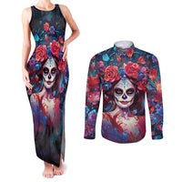 Day of Dead Lady Couples Matching Tank Maxi Dress and Long Sleeve Button Shirt Sugar Skull Field Rose Lady - Wonder Print Shop