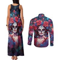 Day of Dead Lady Couples Matching Tank Maxi Dress and Long Sleeve Button Shirt Sugar Skull Field Rose Lady - Wonder Print Shop
