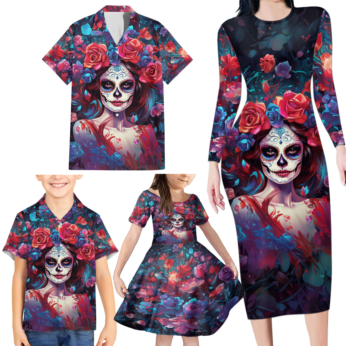 Day of Dead Lady Family Matching Long Sleeve Bodycon Dress and Hawaiian Shirt Sugar Skull Field Rose Lady - Wonder Print Shop
