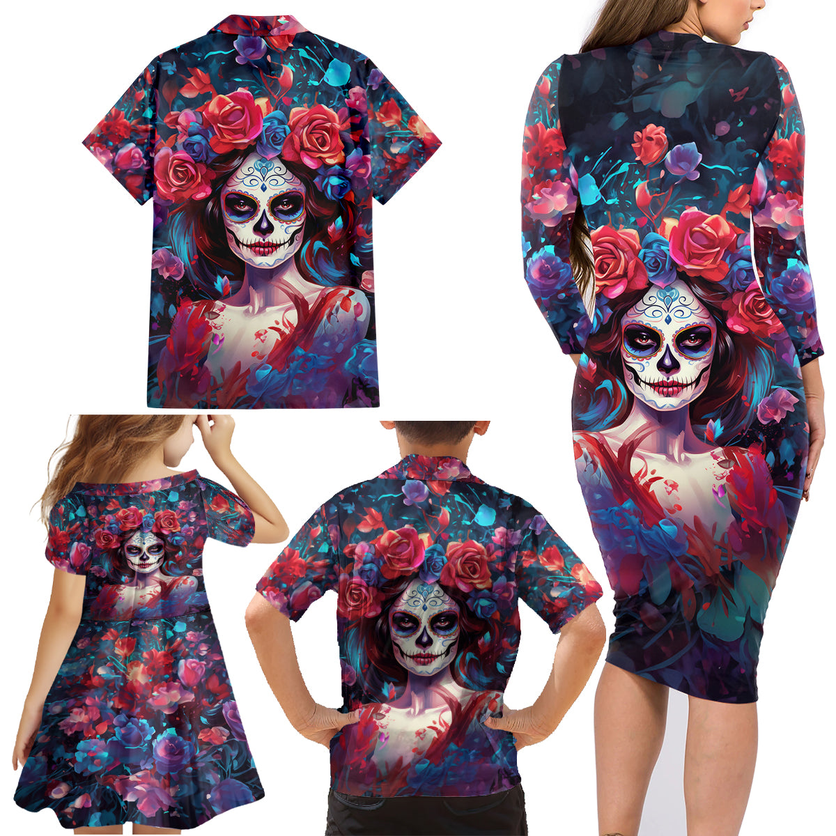 Day of Dead Lady Family Matching Long Sleeve Bodycon Dress and Hawaiian Shirt Sugar Skull Field Rose Lady - Wonder Print Shop