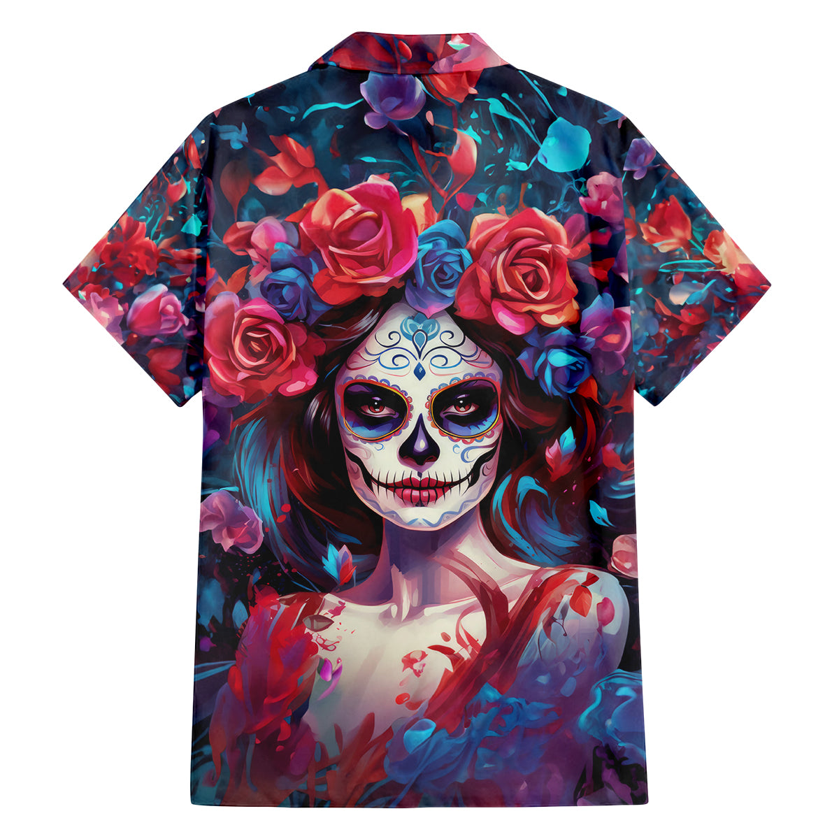 Day of Dead Lady Family Matching Long Sleeve Bodycon Dress and Hawaiian Shirt Sugar Skull Field Rose Lady - Wonder Print Shop
