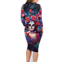 Day of Dead Lady Family Matching Long Sleeve Bodycon Dress and Hawaiian Shirt Sugar Skull Field Rose Lady - Wonder Print Shop