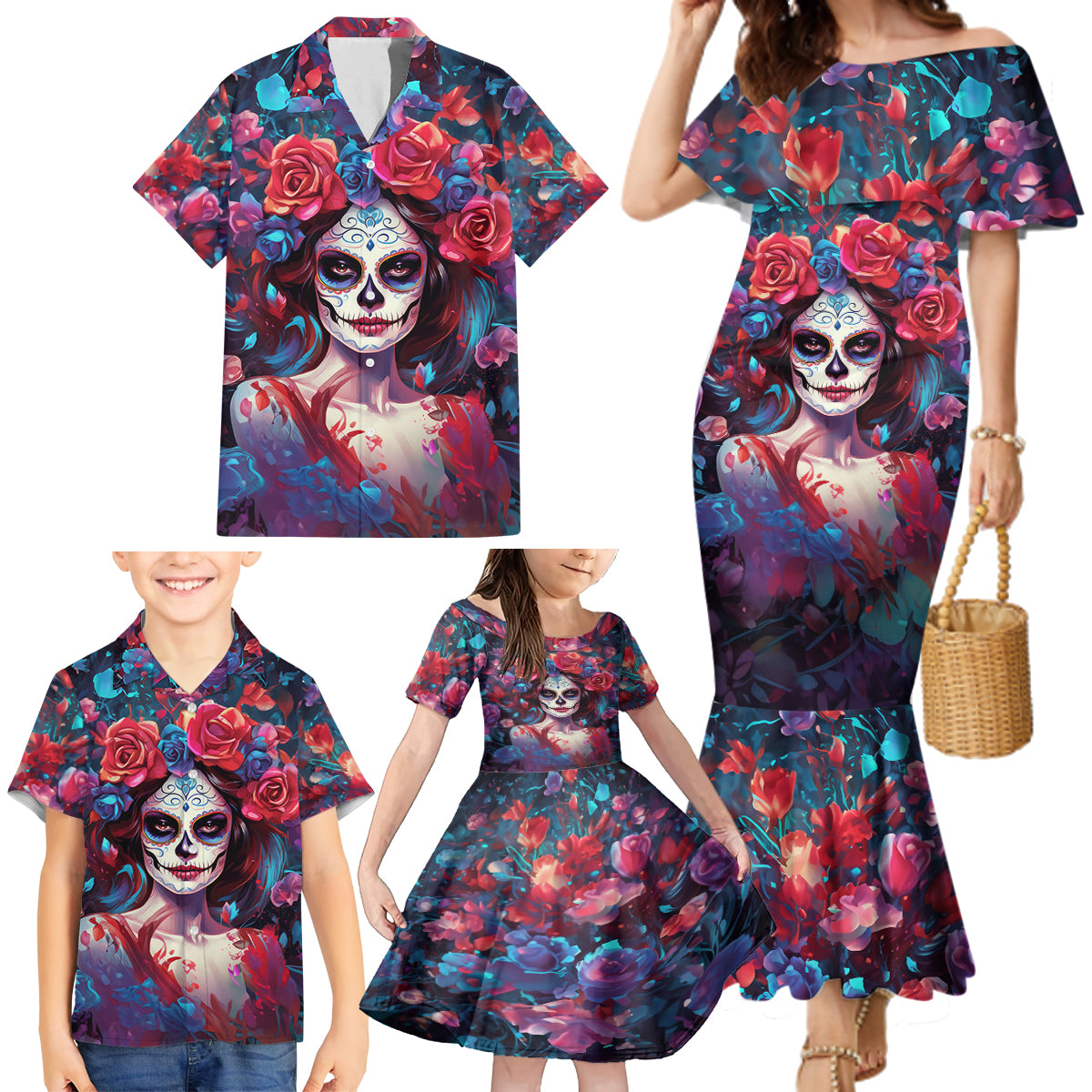 Day of Dead Lady Family Matching Mermaid Dress and Hawaiian Shirt Sugar Skull Field Rose Lady - Wonder Print Shop