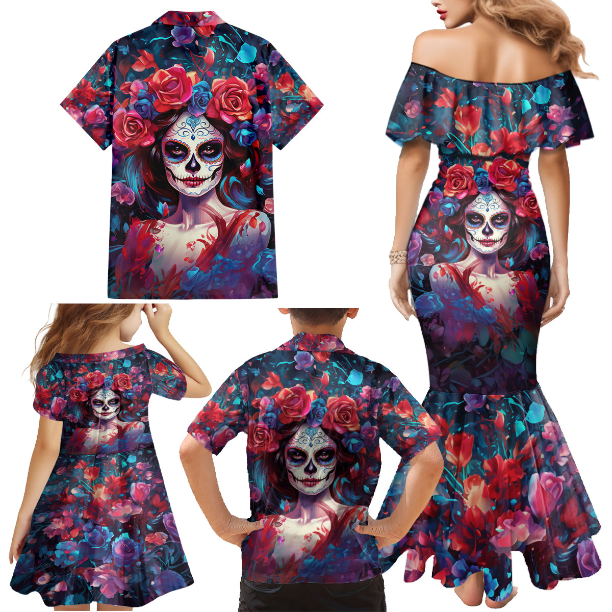 Day of Dead Lady Family Matching Mermaid Dress and Hawaiian Shirt Sugar Skull Field Rose Lady - Wonder Print Shop