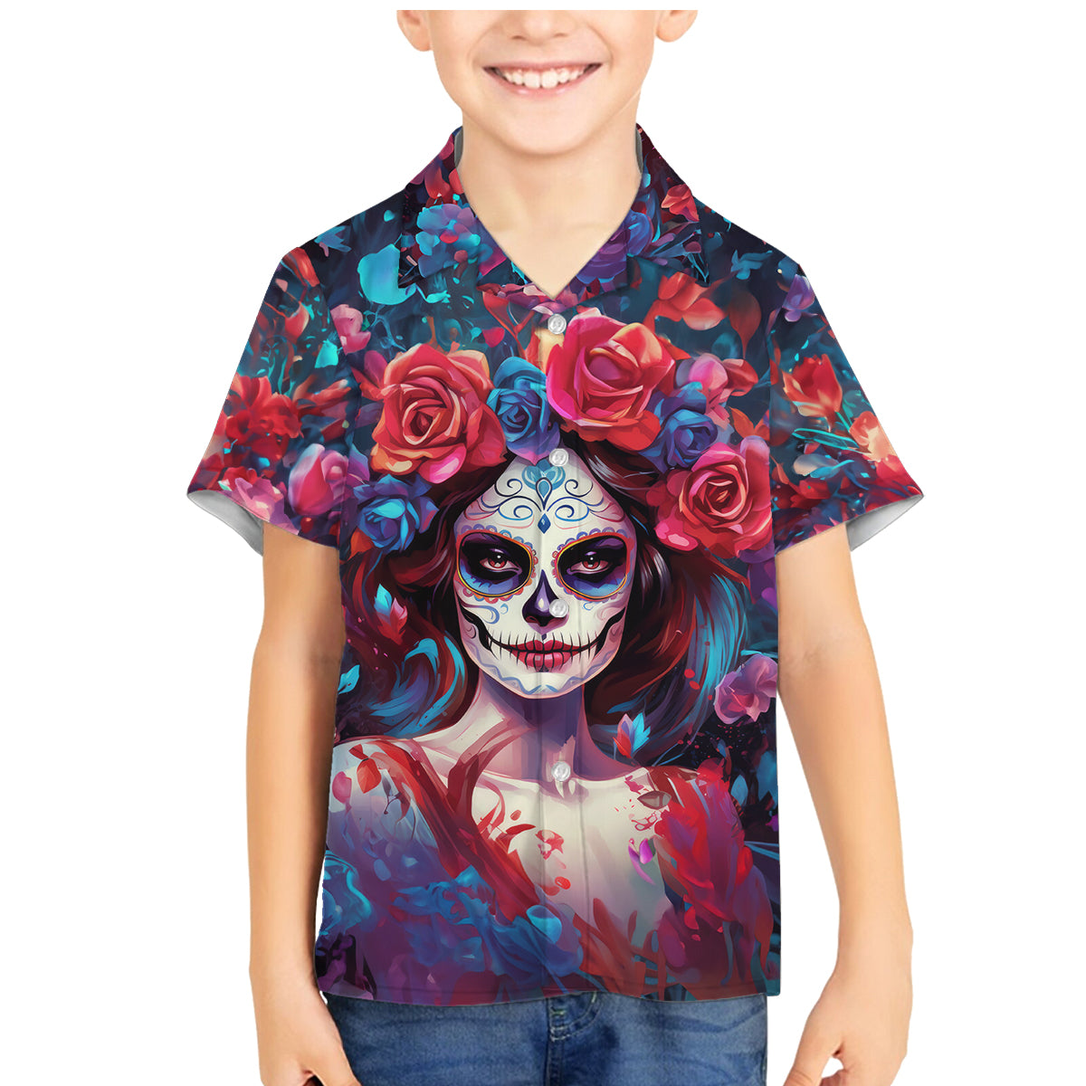 Day of Dead Lady Family Matching Mermaid Dress and Hawaiian Shirt Sugar Skull Field Rose Lady - Wonder Print Shop