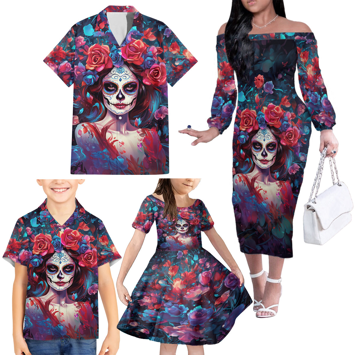 Day of Dead Lady Family Matching Off Shoulder Long Sleeve Dress and Hawaiian Shirt Sugar Skull Field Rose Lady - Wonder Print Shop