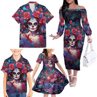 Day of Dead Lady Family Matching Off Shoulder Long Sleeve Dress and Hawaiian Shirt Sugar Skull Field Rose Lady - Wonder Print Shop