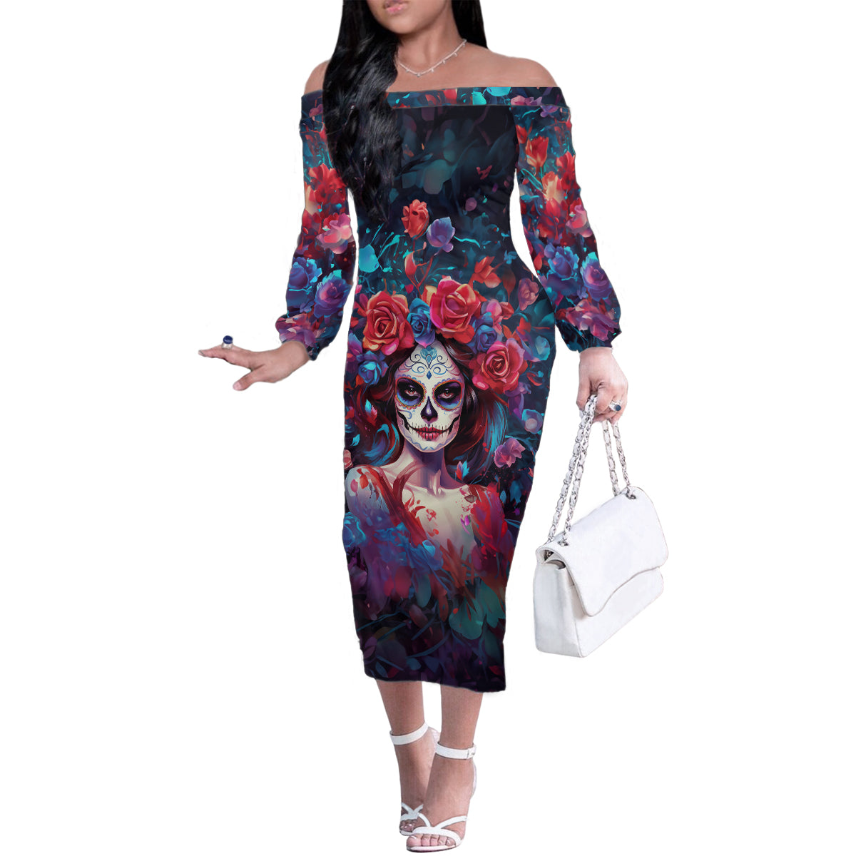 Day of Dead Lady Family Matching Off Shoulder Long Sleeve Dress and Hawaiian Shirt Sugar Skull Field Rose Lady - Wonder Print Shop