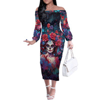 Day of Dead Lady Family Matching Off Shoulder Long Sleeve Dress and Hawaiian Shirt Sugar Skull Field Rose Lady - Wonder Print Shop
