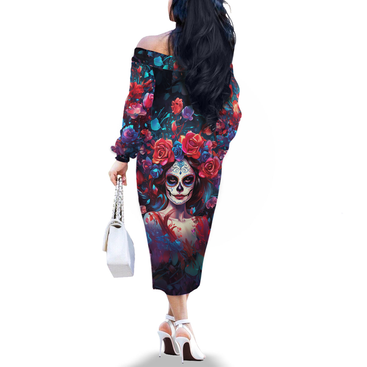 Day of Dead Lady Family Matching Off Shoulder Long Sleeve Dress and Hawaiian Shirt Sugar Skull Field Rose Lady - Wonder Print Shop
