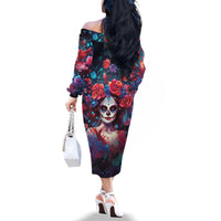 Day of Dead Lady Family Matching Off Shoulder Long Sleeve Dress and Hawaiian Shirt Sugar Skull Field Rose Lady - Wonder Print Shop