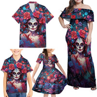 Day of Dead Lady Family Matching Off Shoulder Maxi Dress and Hawaiian Shirt Sugar Skull Field Rose Lady - Wonder Print Shop
