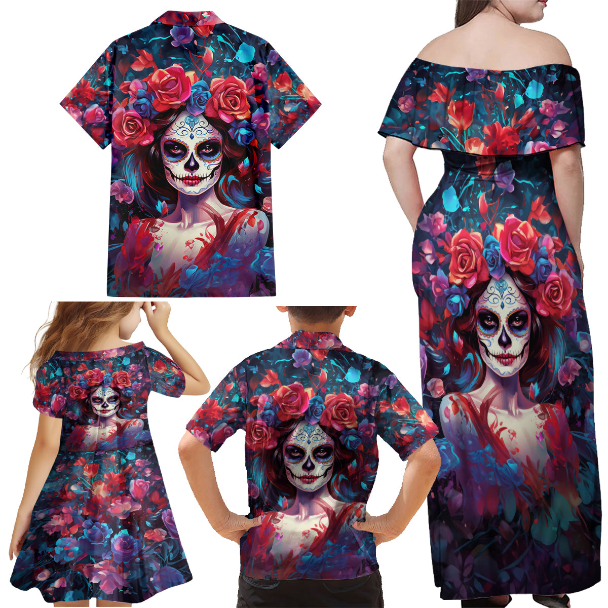 Day of Dead Lady Family Matching Off Shoulder Maxi Dress and Hawaiian Shirt Sugar Skull Field Rose Lady - Wonder Print Shop
