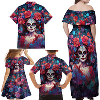 Day of Dead Lady Family Matching Off Shoulder Maxi Dress and Hawaiian Shirt Sugar Skull Field Rose Lady - Wonder Print Shop
