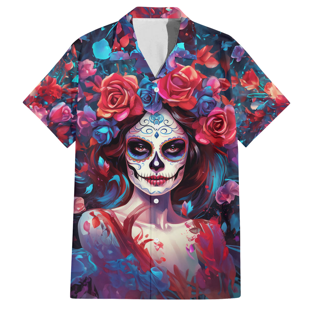Day of Dead Lady Family Matching Off Shoulder Maxi Dress and Hawaiian Shirt Sugar Skull Field Rose Lady - Wonder Print Shop