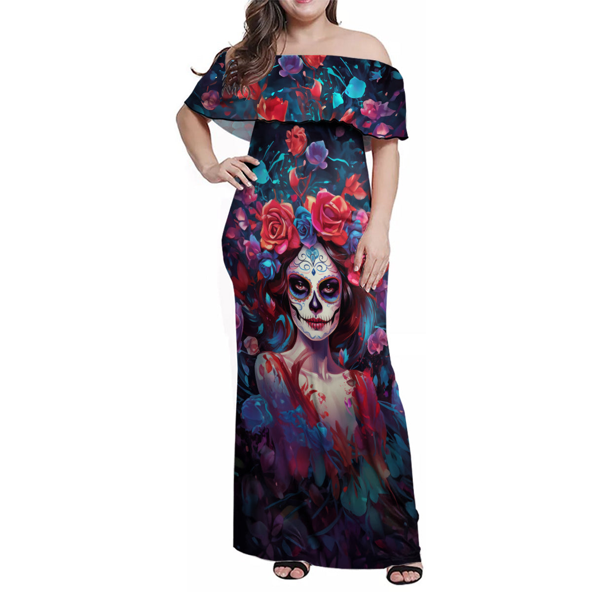 Day of Dead Lady Family Matching Off Shoulder Maxi Dress and Hawaiian Shirt Sugar Skull Field Rose Lady - Wonder Print Shop