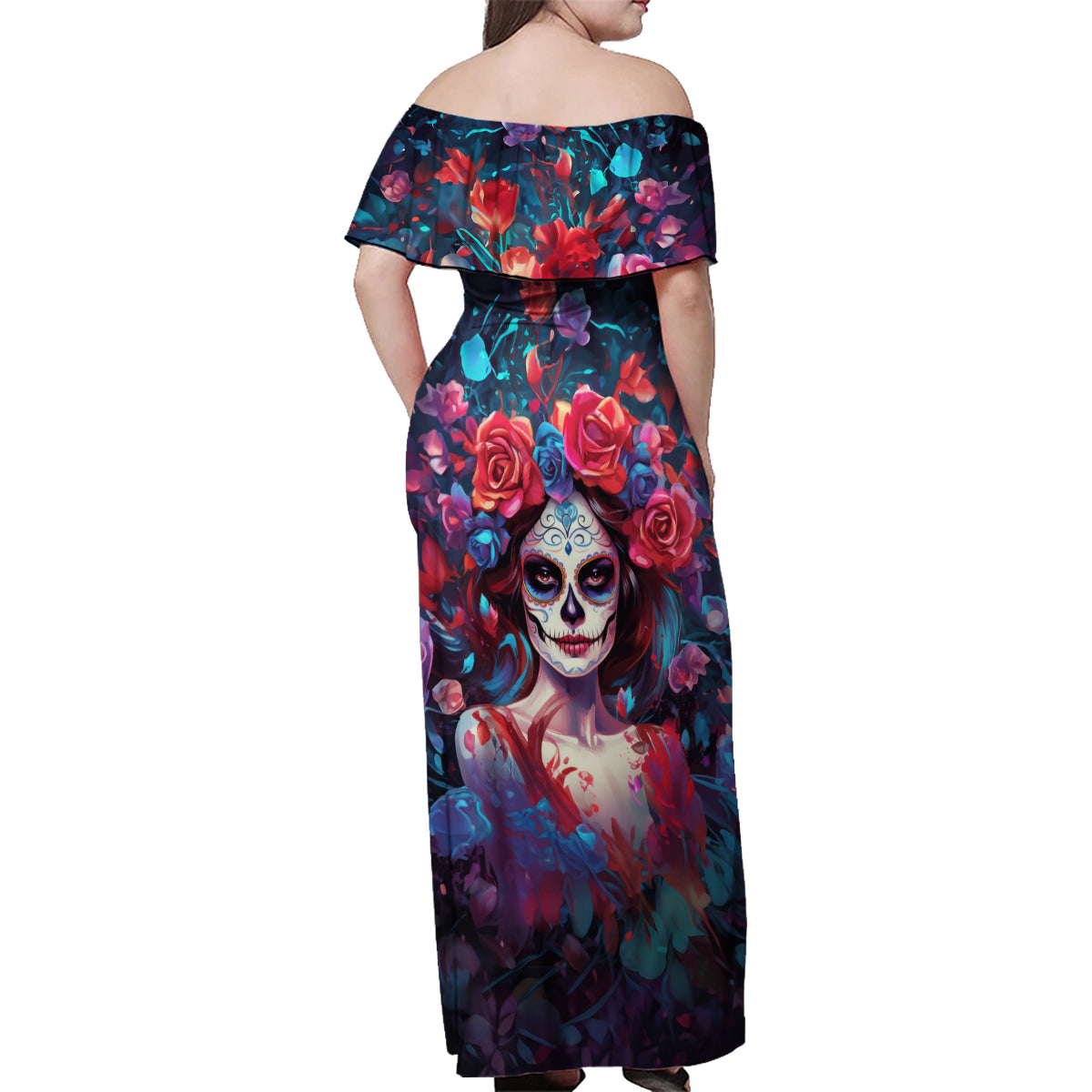 Day of Dead Lady Family Matching Off Shoulder Maxi Dress and Hawaiian Shirt Sugar Skull Field Rose Lady - Wonder Print Shop