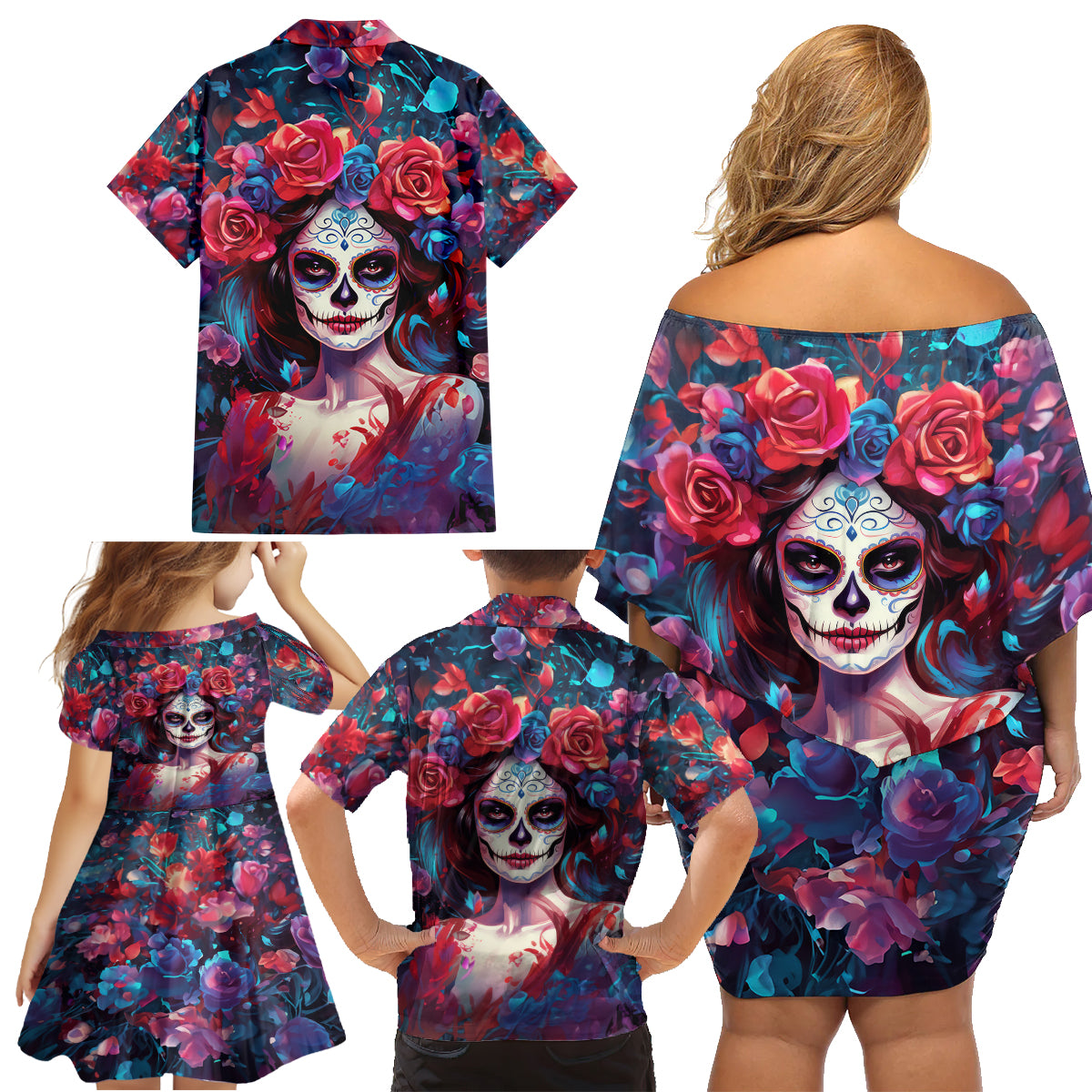 Day of Dead Lady Family Matching Off Shoulder Short Dress and Hawaiian Shirt Sugar Skull Field Rose Lady - Wonder Print Shop
