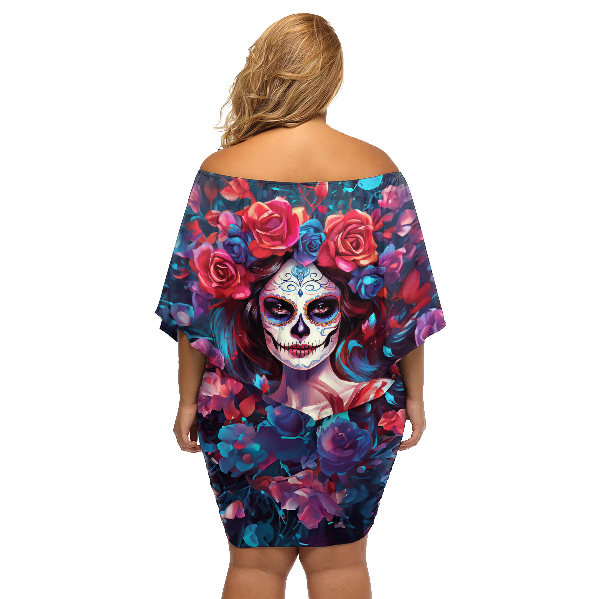 Day of Dead Lady Family Matching Off Shoulder Short Dress and Hawaiian Shirt Sugar Skull Field Rose Lady - Wonder Print Shop