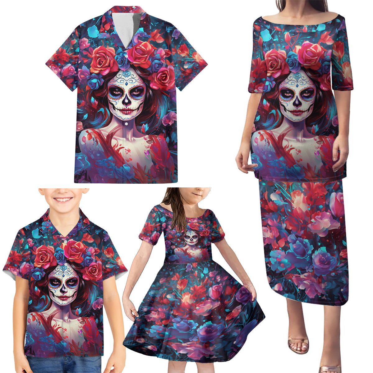 Day of Dead Lady Family Matching Puletasi Dress and Hawaiian Shirt Sugar Skull Field Rose Lady - Wonder Print Shop