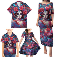 Day of Dead Lady Family Matching Puletasi Dress and Hawaiian Shirt Sugar Skull Field Rose Lady - Wonder Print Shop