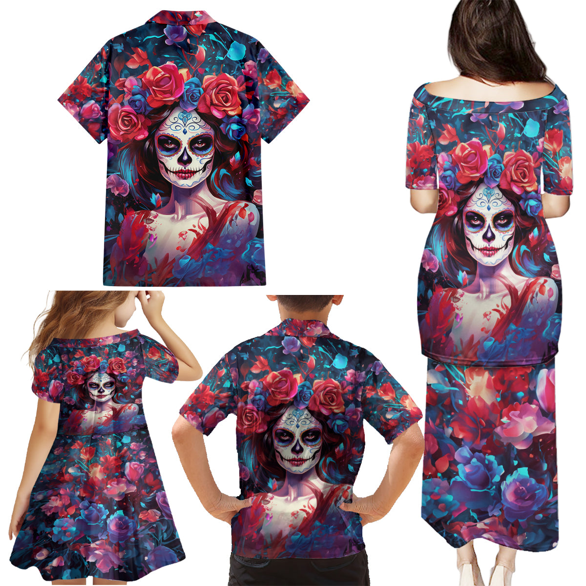 Day of Dead Lady Family Matching Puletasi Dress and Hawaiian Shirt Sugar Skull Field Rose Lady - Wonder Print Shop