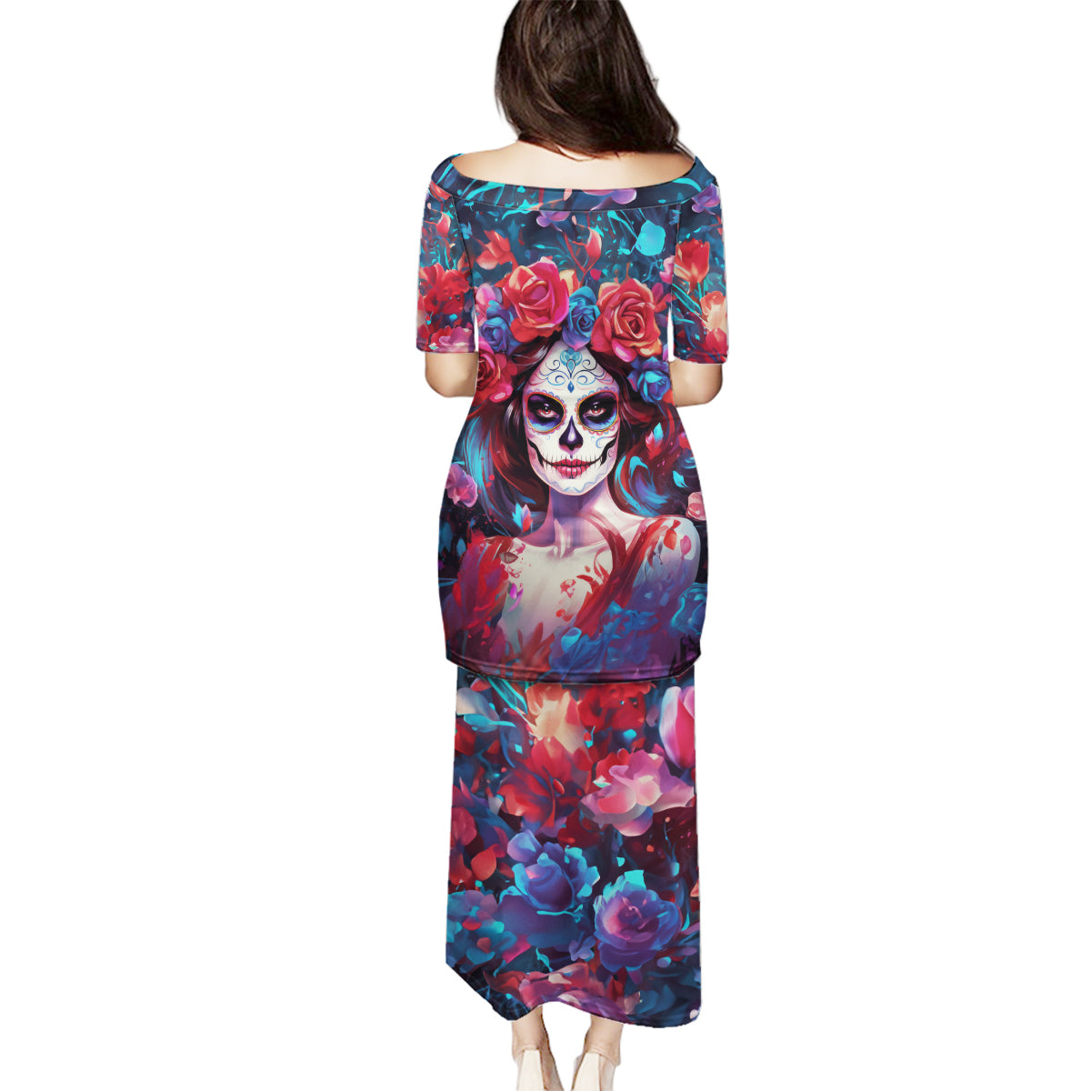 Day of Dead Lady Family Matching Puletasi Dress and Hawaiian Shirt Sugar Skull Field Rose Lady - Wonder Print Shop