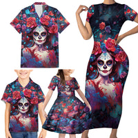 Day of Dead Lady Family Matching Short Sleeve Bodycon Dress and Hawaiian Shirt Sugar Skull Field Rose Lady - Wonder Print Shop
