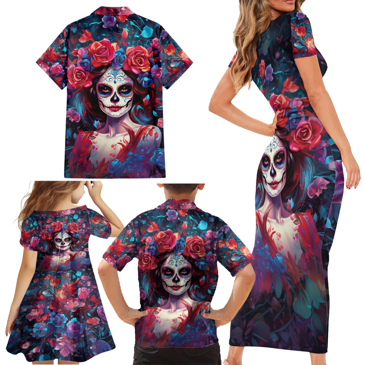 Day of Dead Lady Family Matching Short Sleeve Bodycon Dress and Hawaiian Shirt Sugar Skull Field Rose Lady - Wonder Print Shop