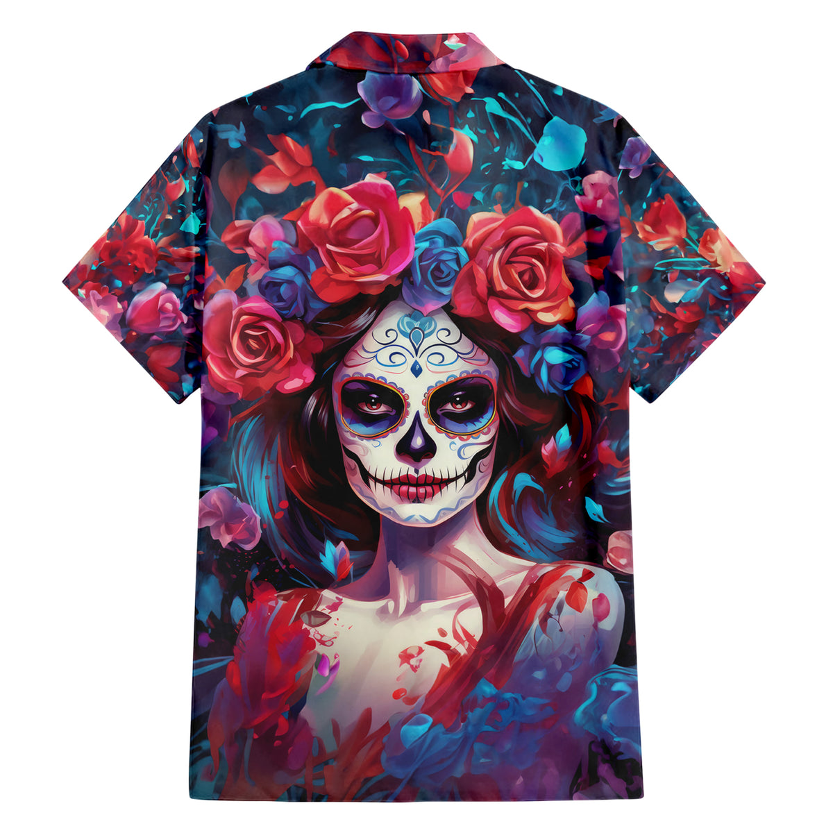 Day of Dead Lady Family Matching Short Sleeve Bodycon Dress and Hawaiian Shirt Sugar Skull Field Rose Lady - Wonder Print Shop